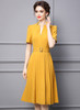 Yellow Pleated Midi Dress with Cinched Belt and Puffy Sleeves