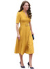 Yellow Pleated Midi Dress with Cinched Belt and Puffy Sleeves