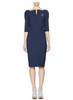 Navy Split-Neck Sheath Dress with Elbow-length Sleeves