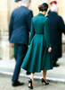 Royal Style Green Fit-and-Flare Wool Dress with Velvet Waistband