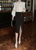 White chiffon Embroidered Blouse & Black Side-button Detailing Slit Skirt Set
