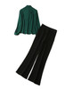 Green Pussy-bow Long Sleeve Blouse & Black Button Wide-leg Pants