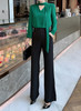 Green Pussy-bow Long Sleeve Blouse & Black Button Wide-leg Pants