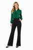 Green Pussy-bow Long Sleeve Blouse & Black Button Wide-leg Pants