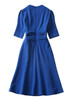 Royal Blue Embellishment Neckline Fluted Dress with Puffy Sleeve