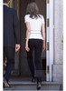 White Peplum Top and Black Straight-leg Trousers Inspired by Queen Letizia