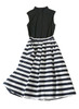 Black High-neck Knit Jersey Top & Jacquard Striped Flared Mid Skirt with High-Waist