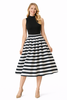 Black High-neck Knit Jersey Top & Jacquard Striped Flared Mid Skirt with High-Waist