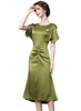 Lime Green Ruched-Front Tulip Sleeve Fit and Flared Midi Dress