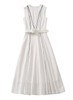 White Crinkled Sleeveless Belted Midi Dress with Black Pipping