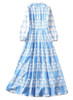 Baby-blue Boho Blouson-sleeved Cornflower  Maxi Dress with a High-neck Collar