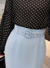 Black Polka Dot Chiffon Blouse & Blue Belted Slit Pencil Skirt Set