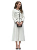 Off White Tweed Belted Jacket with Black Stitching & Pleated Chiffon Skirt Suit