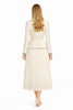 Off White Tweed Belted Jacket with Black Stitching & Pleated Chiffon Skirt Suit