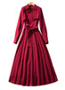 Burgundy Belted Long Sleeve Pleated Midi Trench Dress