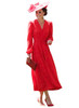 Bright Red V-neck Puffy Long Sleeved Fit-and-Flare Midi Dress