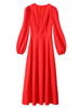 Bright Red V-neck Puffy Long Sleeved Fit-and-Flare Midi Dress