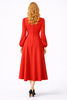 Bright Red V-neck Puffy Long Sleeved Fit-and-Flare Midi Dress