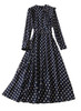 Navy/White Polka Dot High-Neck Ruffled Midi Dress