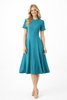 Crew Neck A-Line Dress with Flared Slit Skirt in Teal