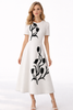 Puffed Shoulder Tulip Motif Fit-and-Flare Midi Dress