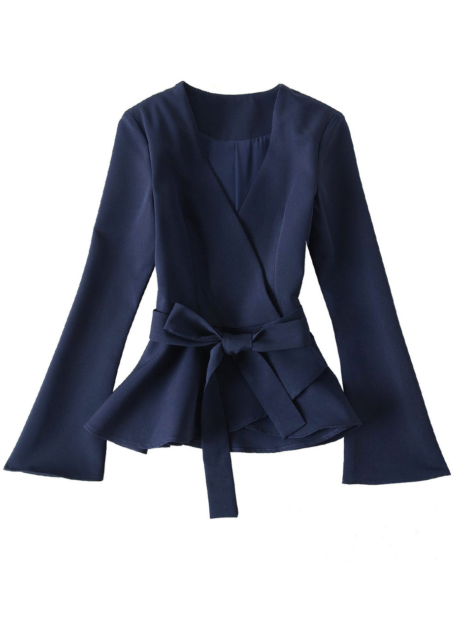 Navy Ruffled Peplum Wrap Jacket & High Waist Wide-leg Pants