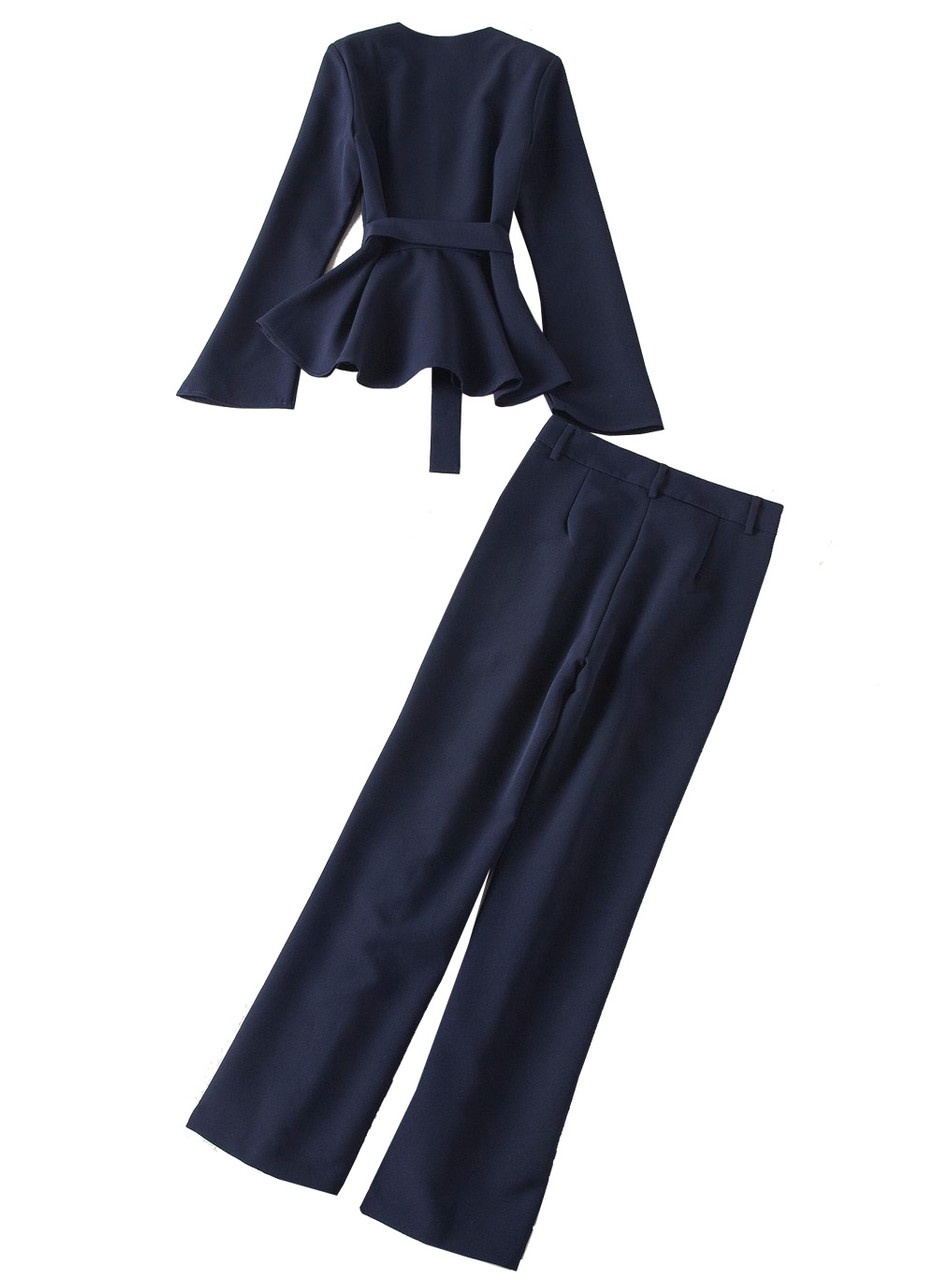 Navy Ruffled Peplum Wrap Jacket & High Waist Wide-leg Pants