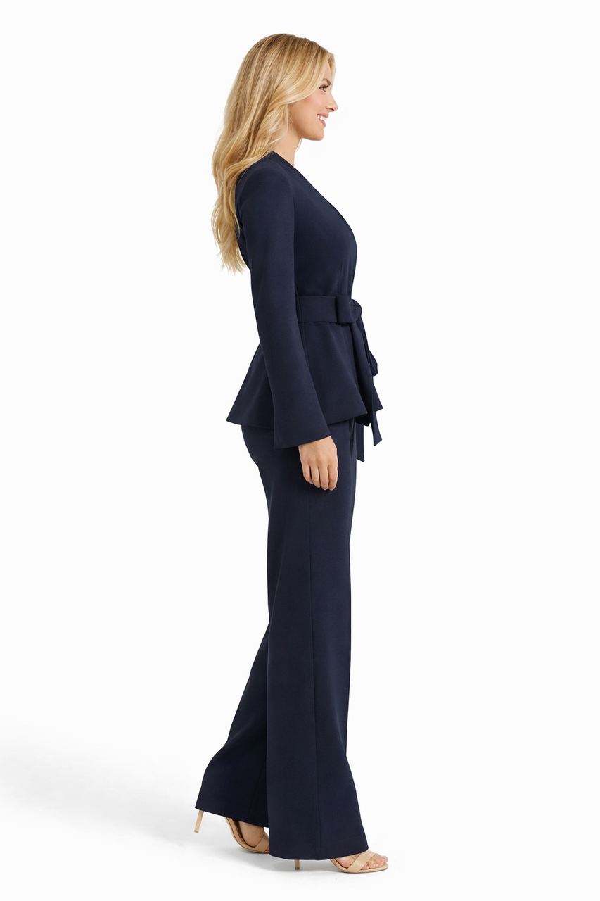 Navy Ruffled Peplum Wrap Jacket & High Waist Wide-leg Pants