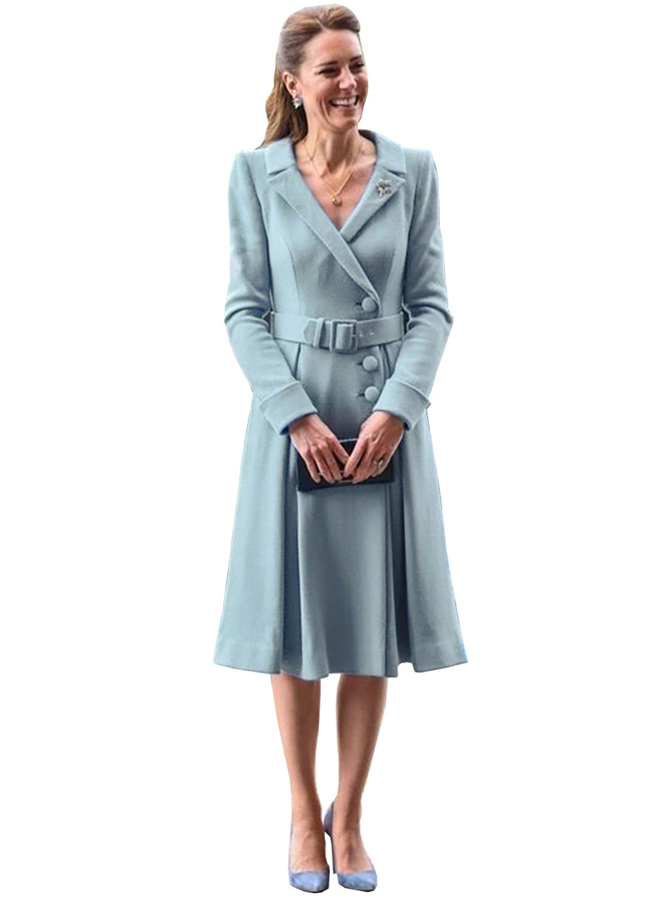 Dusty Blue Button-Down Fit-and-Flared Belted Coat Dress