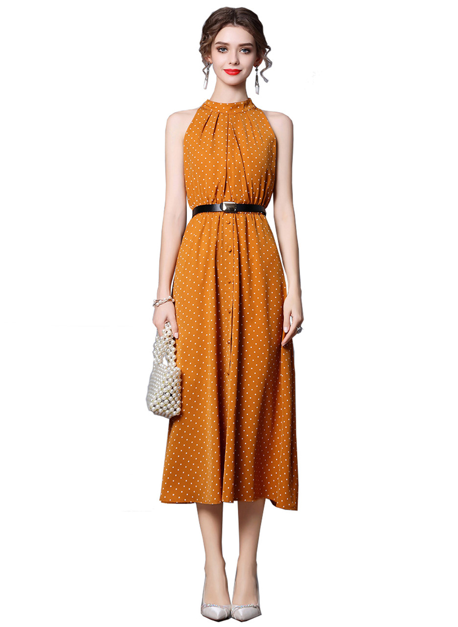 slim fit dress slacks Summer Halter Yellow Polka Dot Print Dress – FancyVestido main image 1
