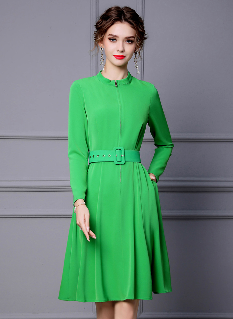 Green Belted High Neck Zip Front Fit-and-Flare Coat Dress