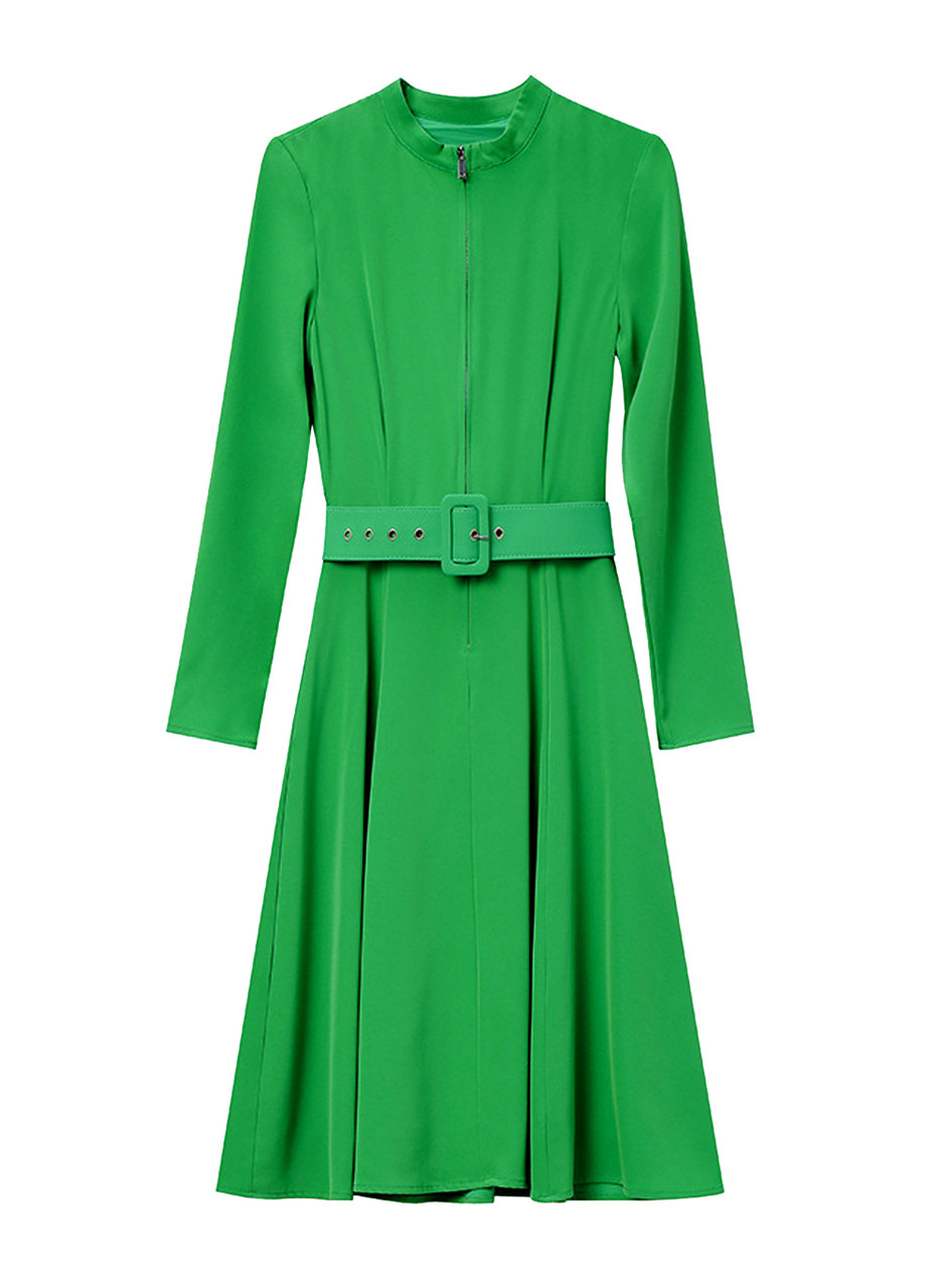 fit and flare coat dress uk Green Belted High Neck Zip Front Fit-and-Flare Coat Dress