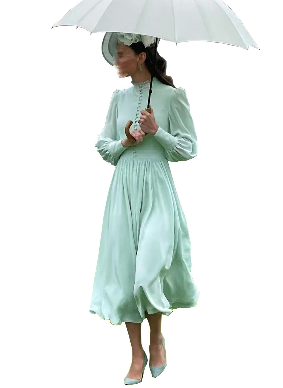 Ruffled High Neck Bishop Sleeve Midi Dress in Pastel Mint