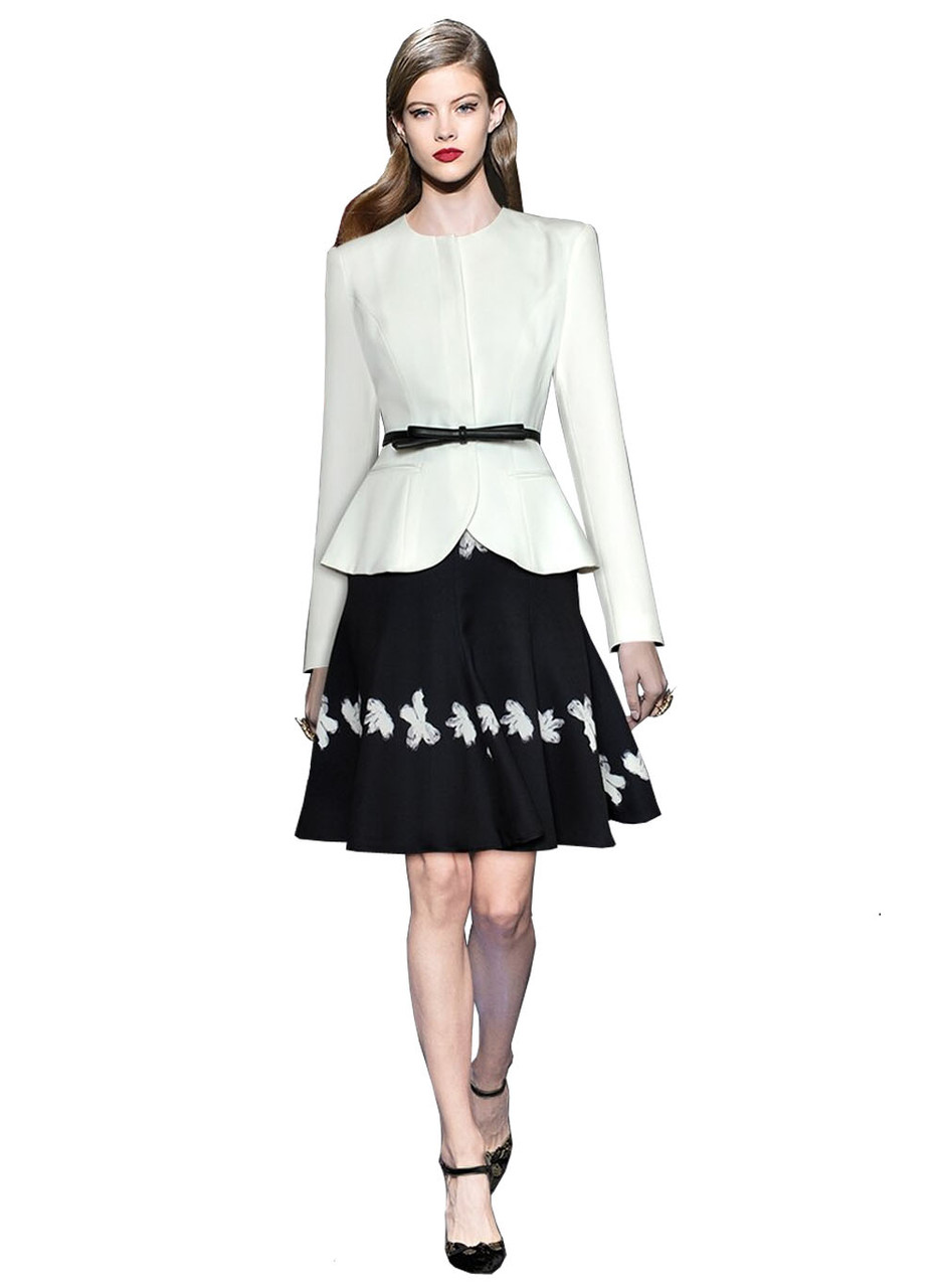 White Belted Fitted Jacket and Black A-line Floral Skirt Suit