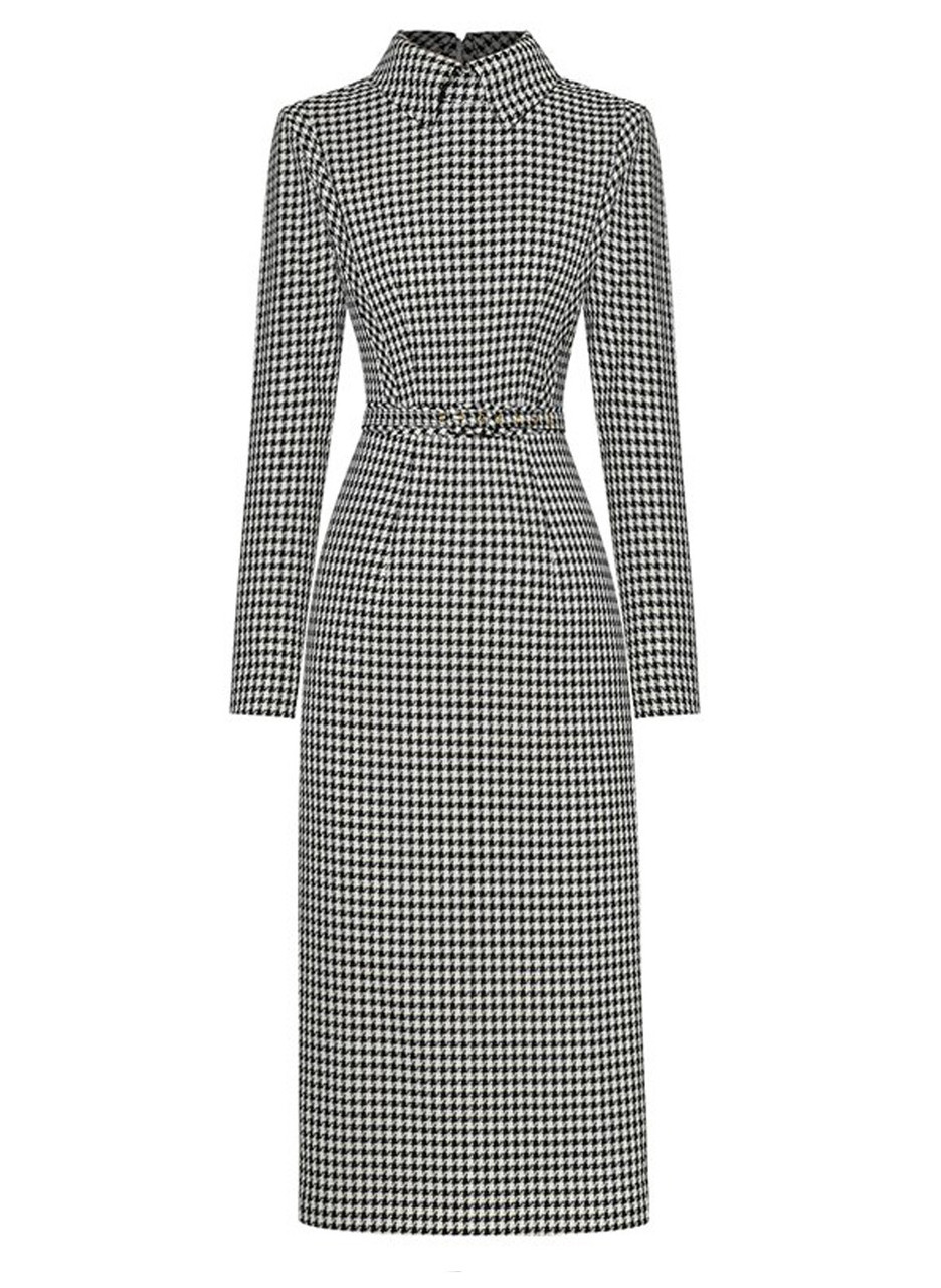 Black and White Houndstooth Midi Dress with Peter Pan Collar | Fitted Style