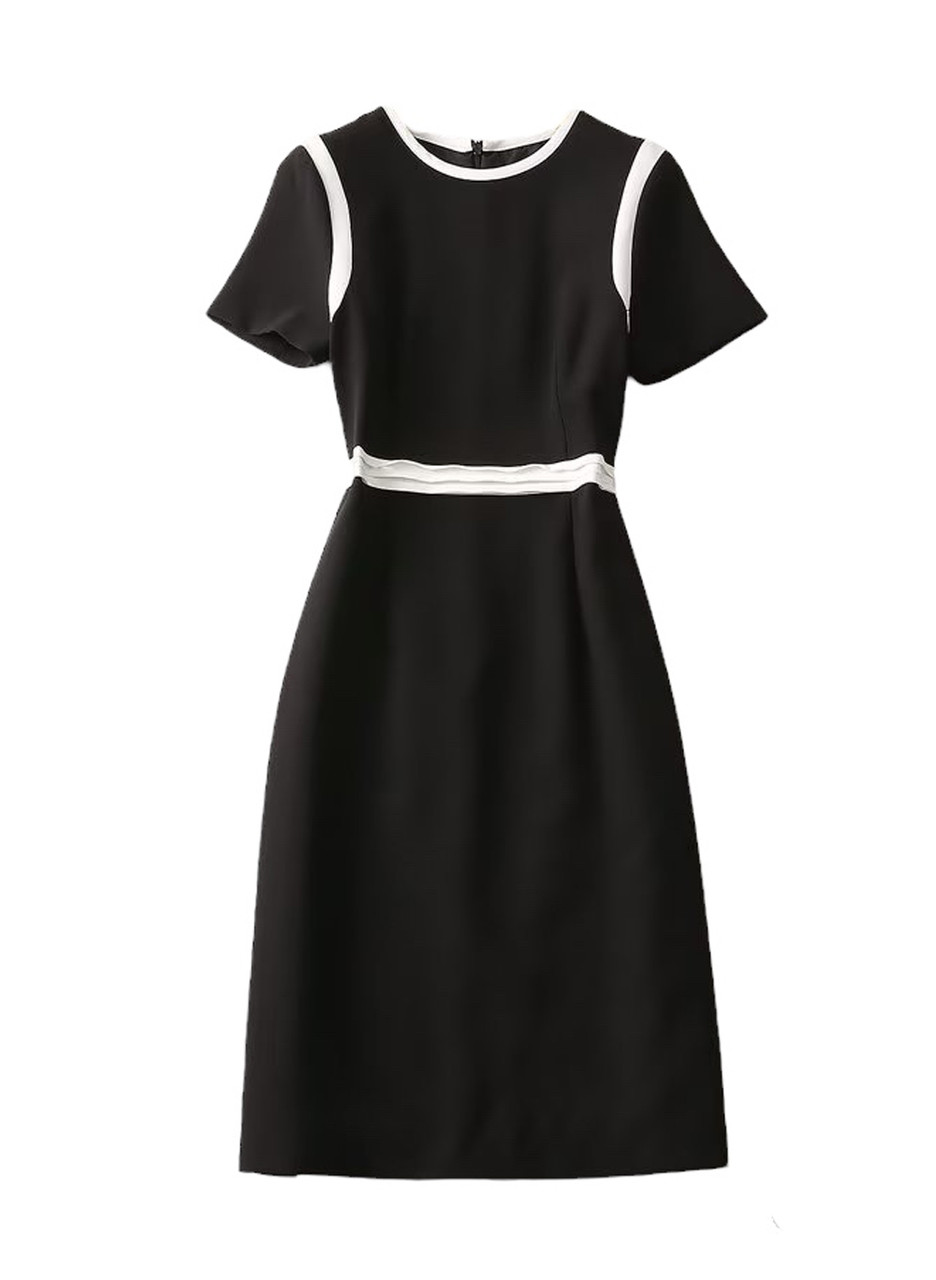 White Knee-length Sheath Dress with Round Neck & Black Trimming