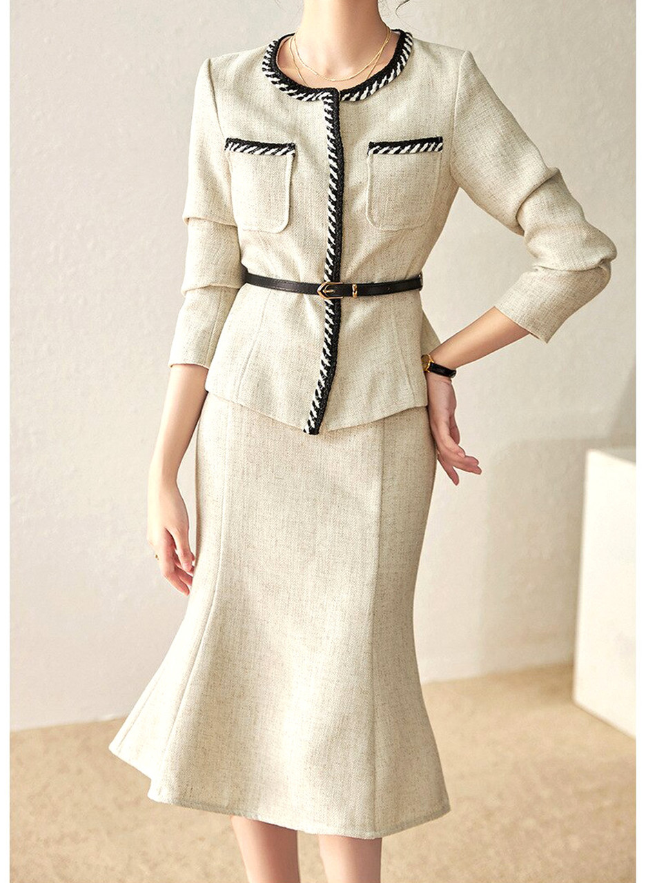 Beige Tweed Belted Jacket & High-rise A-line Skirt Suit