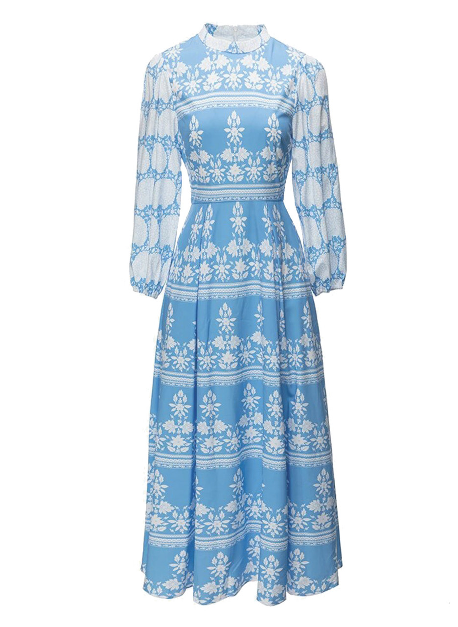 Baby-blue Boho Blouson-sleeved Cornflower Maxi Dress with a High-neck Collar