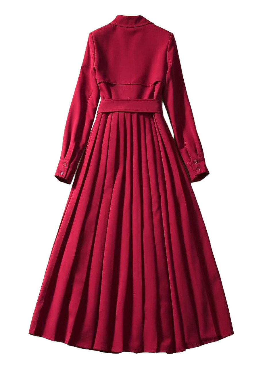 pleated trench dress Burgundy Belted Long Sleeve Pleated Midi Trench Dress
