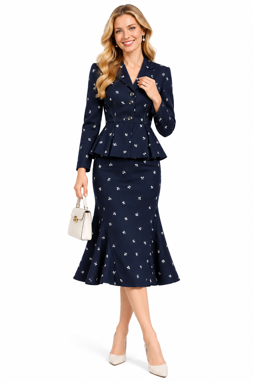 Navy Peplum Jacket & Midi Skirt Suit | Dress Like Royalty
