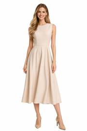 Beige Sleeveless Fit and Flare Midi Dress with Round Neckline