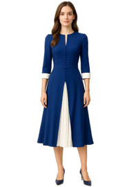 Navy V-Neck Midi Dress with Contrast Pleats