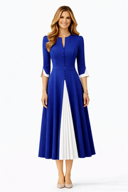 Navy V-Neck Midi Dress with Contrast Pleats