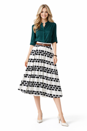 Ivory Brush Stroke Midi Skirt & Green Stand-Up Collar Blouse Co-ord Set