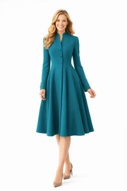 Teal Swan-Neck Fit And Flare Midi Dress Coat