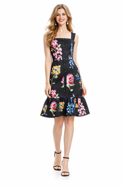 Square Neck Floral Midi Dress with Frill Hem and Eyelet Trim