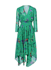 Green Floral Print V-Neck Midi Dress with Asymmetric Hemline