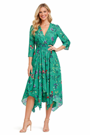Green Floral Print V-Neck Midi Dress with Asymmetric Hemline