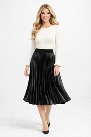 Black High Waisted Metallic Pleated Midi Skirt