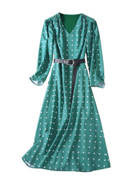 Green Square Polkas Print A-line Midi Dress with Cinched Waist